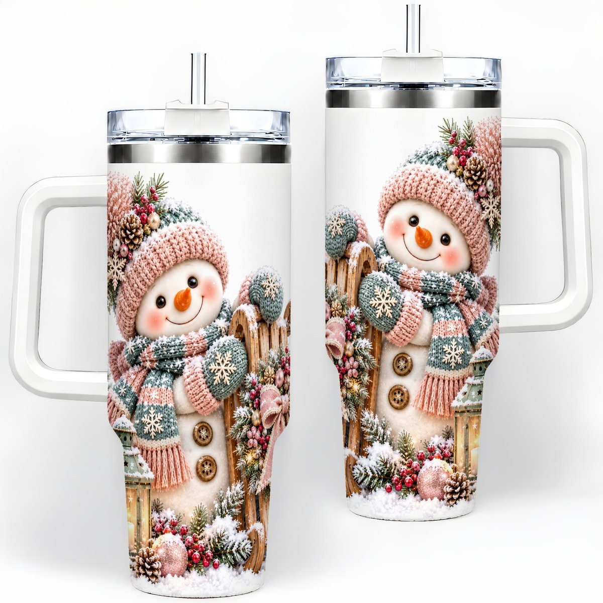 Winter Snowman Tumbler 40oz, Pink Scarf and Sleigh Art
