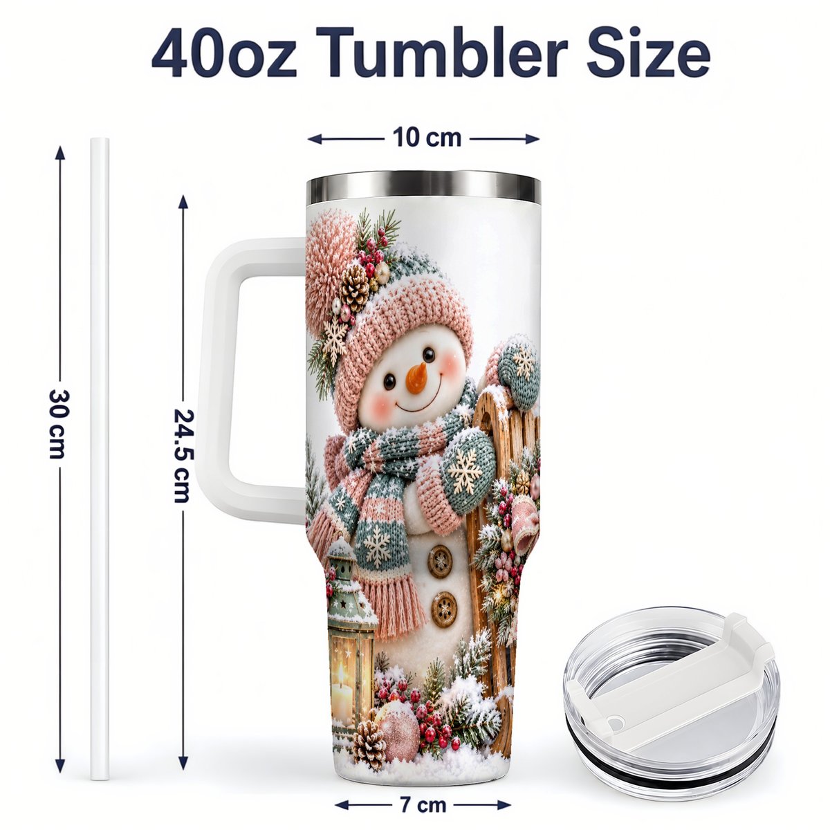#pl[40oz|White] Winter Snowman Tumbler 40oz, Pink Scarf and Sleigh Art