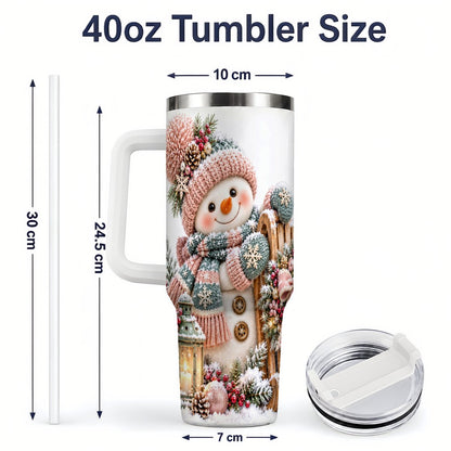 #pl[40oz|White] Winter Snowman Tumbler 40oz, Pink Scarf and Sleigh Art