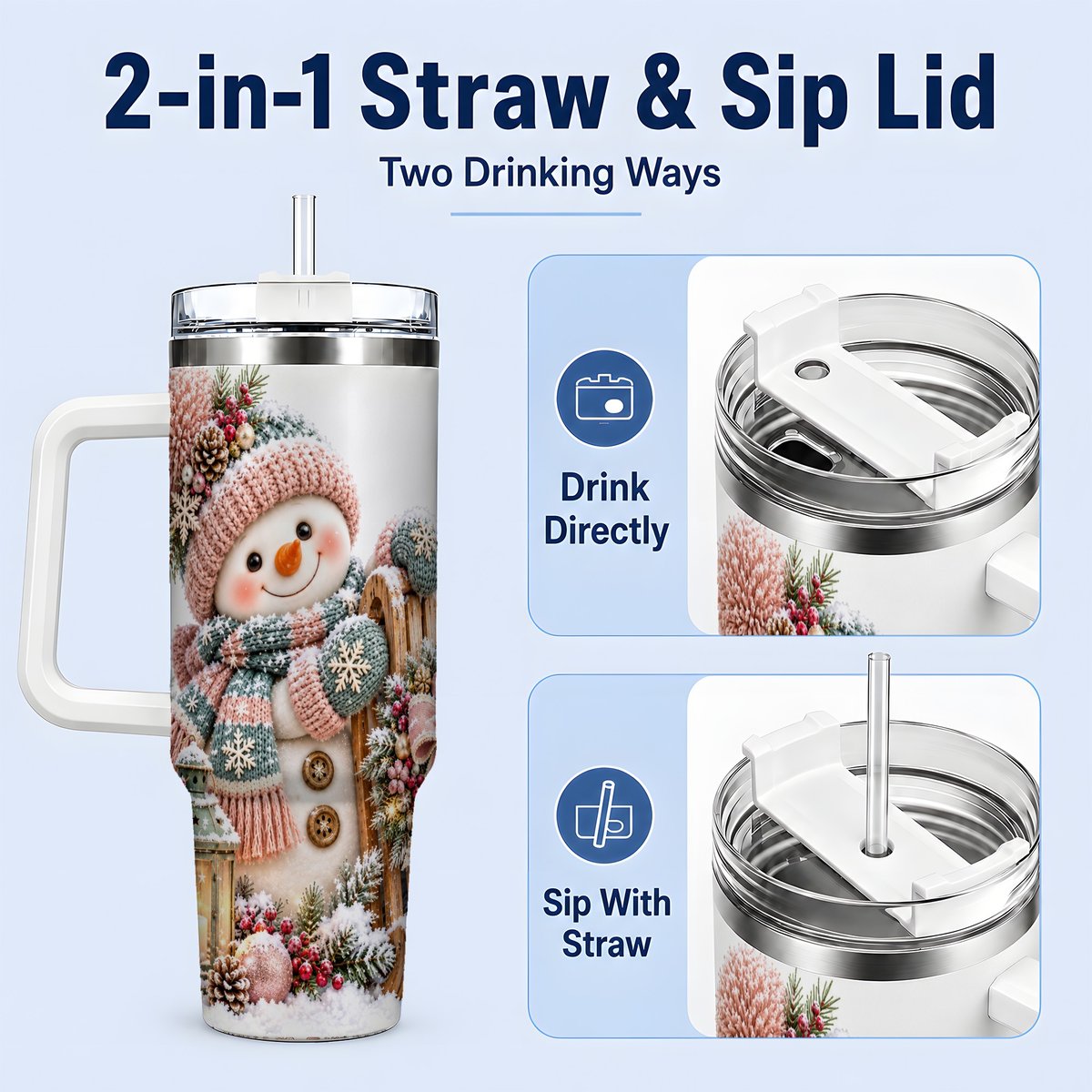 #pl[40oz|White] Winter Snowman Tumbler 40oz, Pink Scarf and Sleigh Art