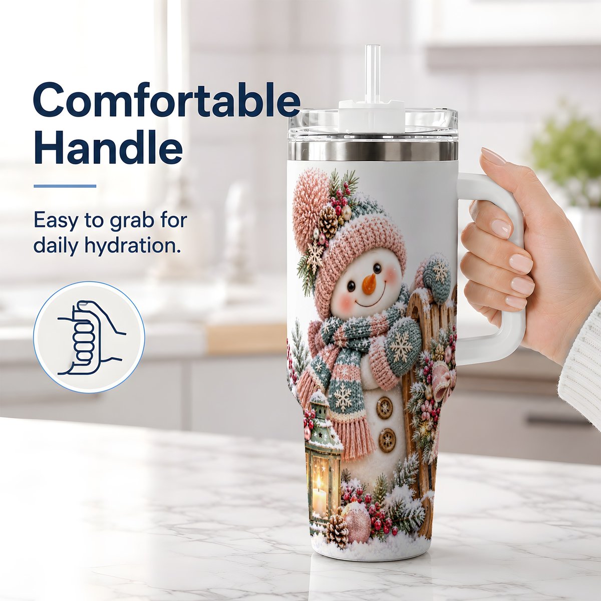 #pl[40oz|White] Winter Snowman Tumbler 40oz, Pink Scarf and Sleigh Art
