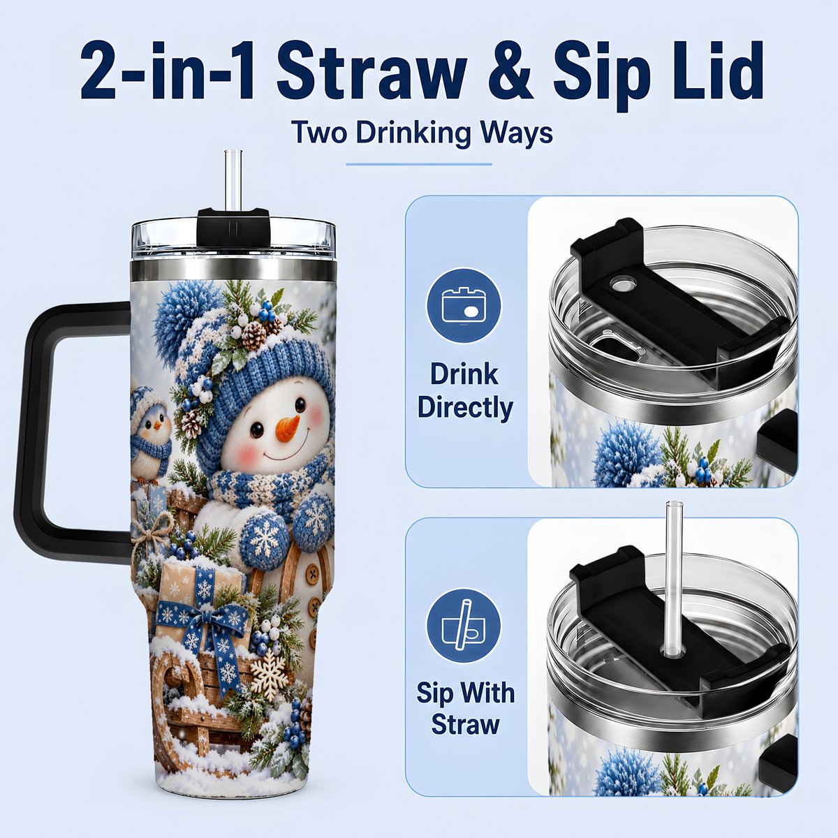 #pl[40oz|Black] Christmas Snowman on Sled Tumbler 40oz, Knitted-Look Art