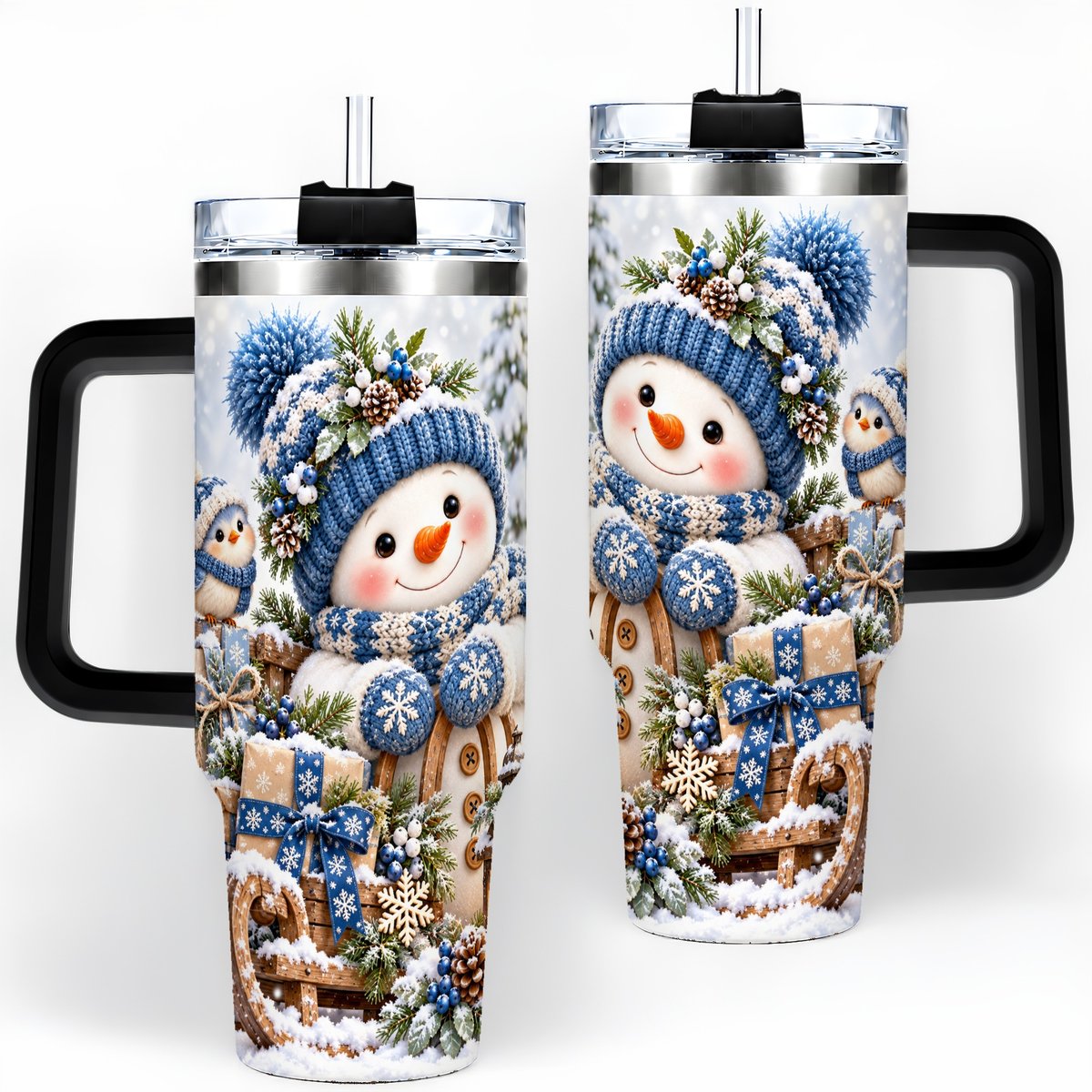 #pl[40oz|Black] Christmas Snowman on Sled Tumbler 40oz, Knitted-Look Art