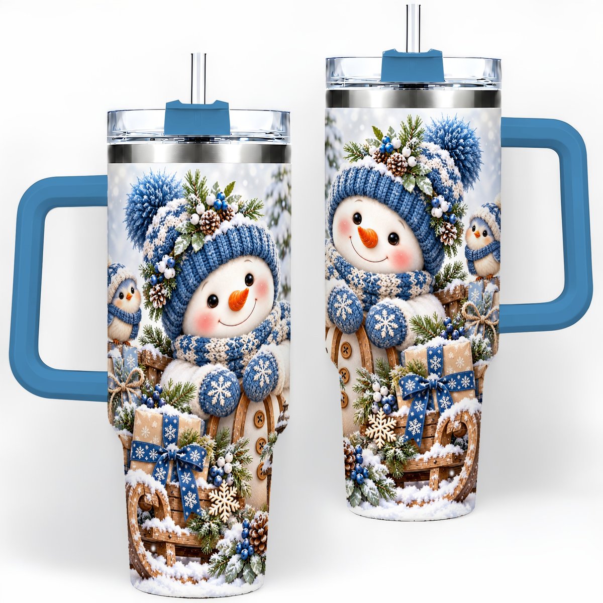 #pl[40oz|Blue] Christmas Snowman on Sled Tumbler 40oz, Knitted-Look Art