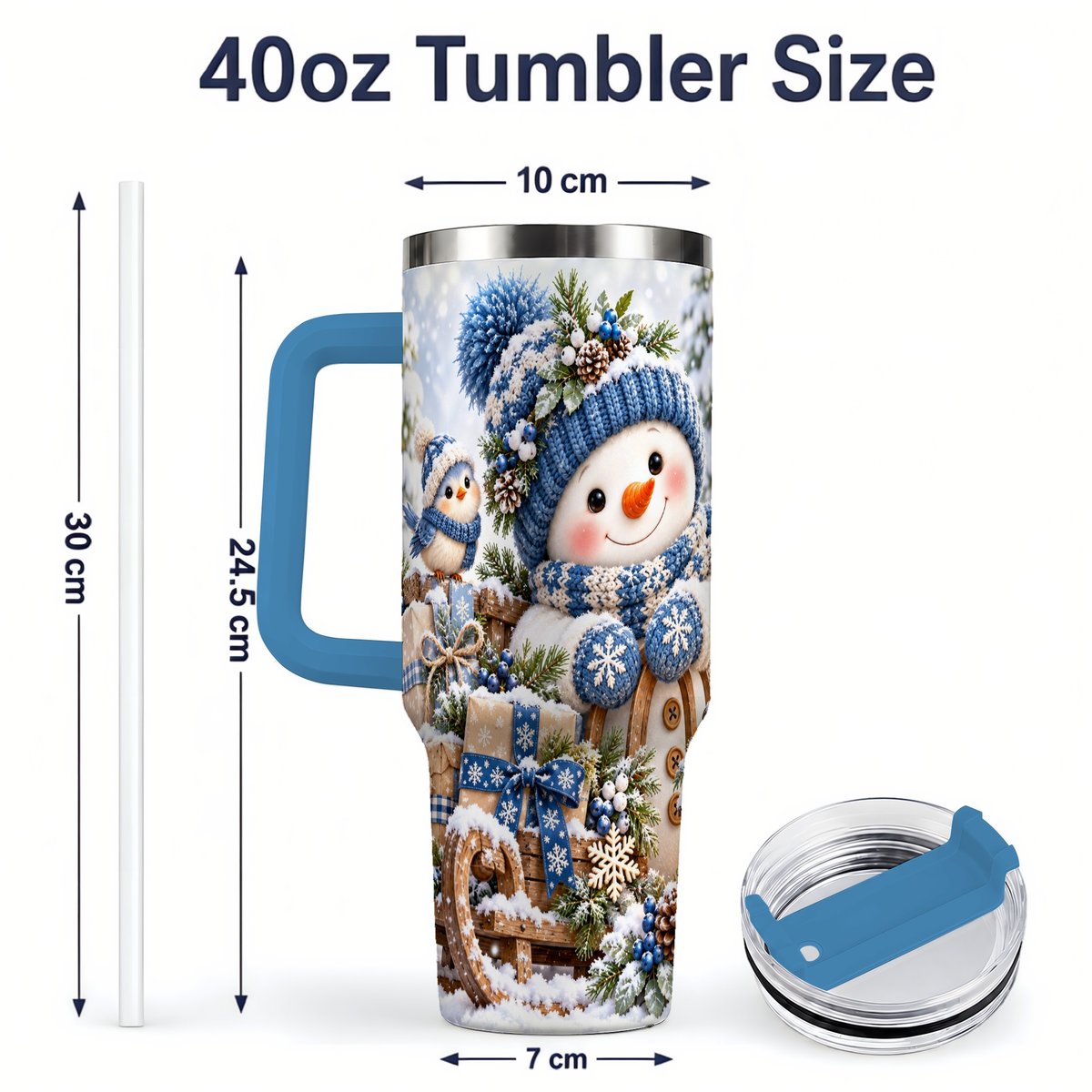 #pl[40oz|Blue] Christmas Snowman on Sled Tumbler 40oz, Knitted-Look Art