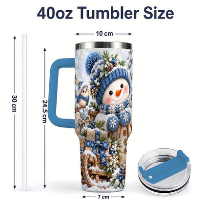 #pl[40oz|Blue] Christmas Snowman on Sled Tumbler 40oz, Knitted-Look Art