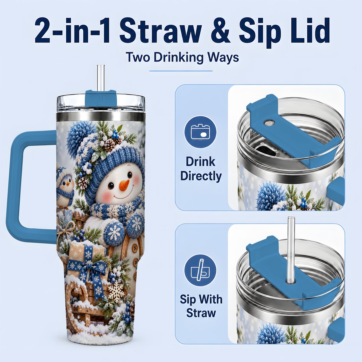 #pl[40oz|Blue] Christmas Snowman on Sled Tumbler 40oz, Knitted-Look Art