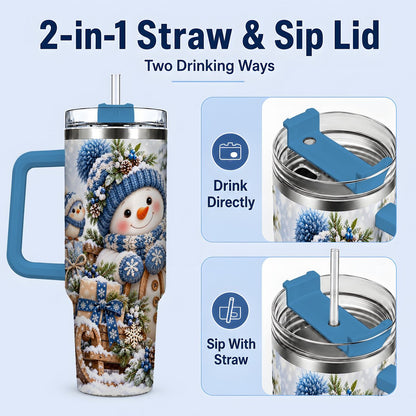 #pl[40oz|Blue] Christmas Snowman on Sled Tumbler 40oz, Knitted-Look Art