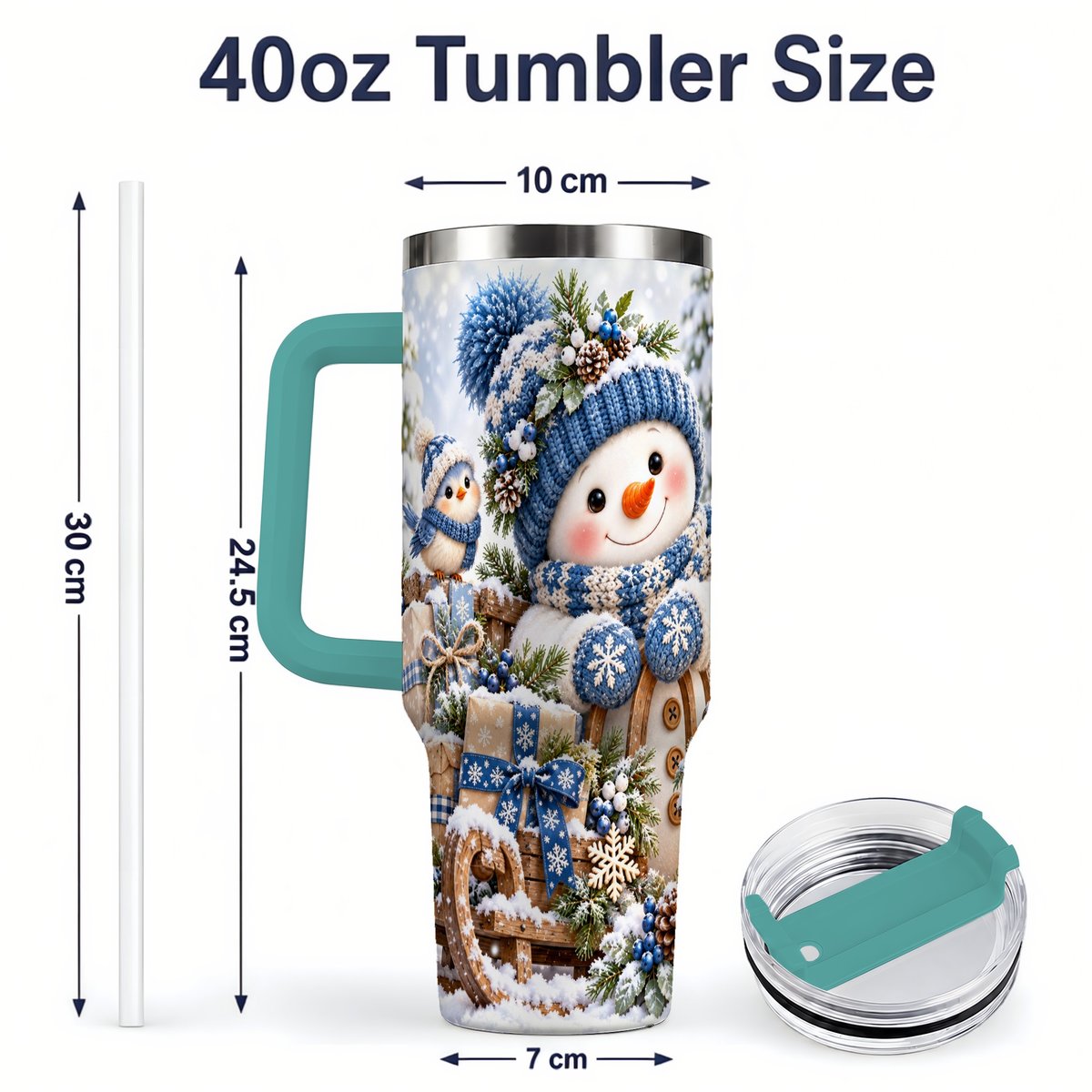 #pl[40oz|Green] Christmas Snowman on Sled Tumbler 40oz, Knitted-Look Art