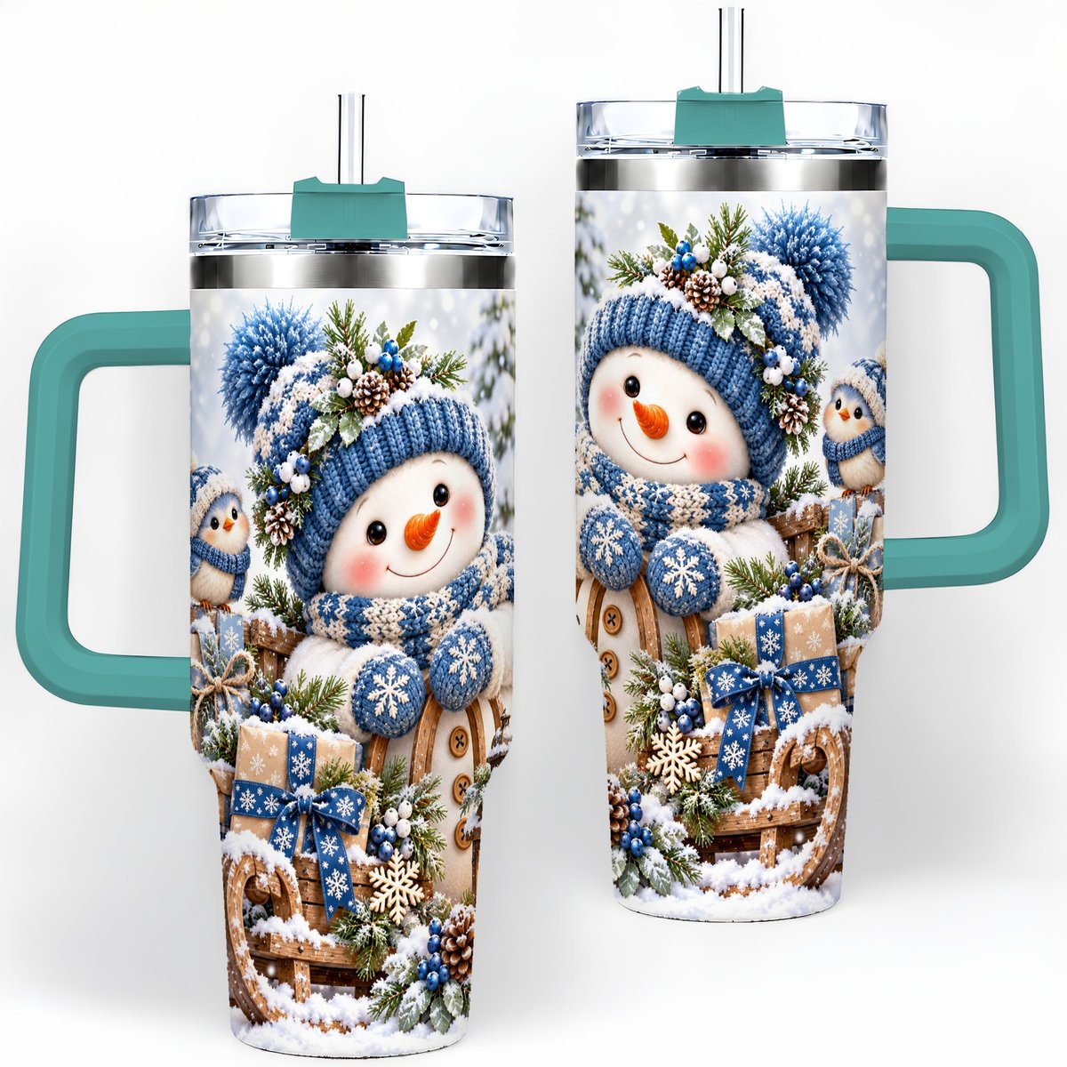 #pl[40oz|Green] Christmas Snowman on Sled Tumbler 40oz, Knitted-Look Art