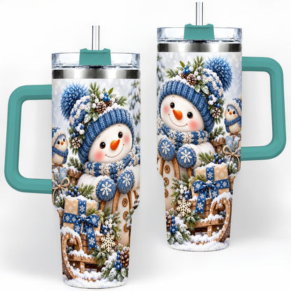 #pl[40oz|Green] Christmas Snowman on Sled Tumbler 40oz, Knitted-Look Art