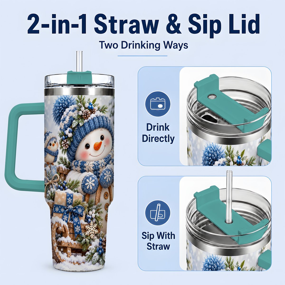 #pl[40oz|Green] Christmas Snowman on Sled Tumbler 40oz, Knitted-Look Art