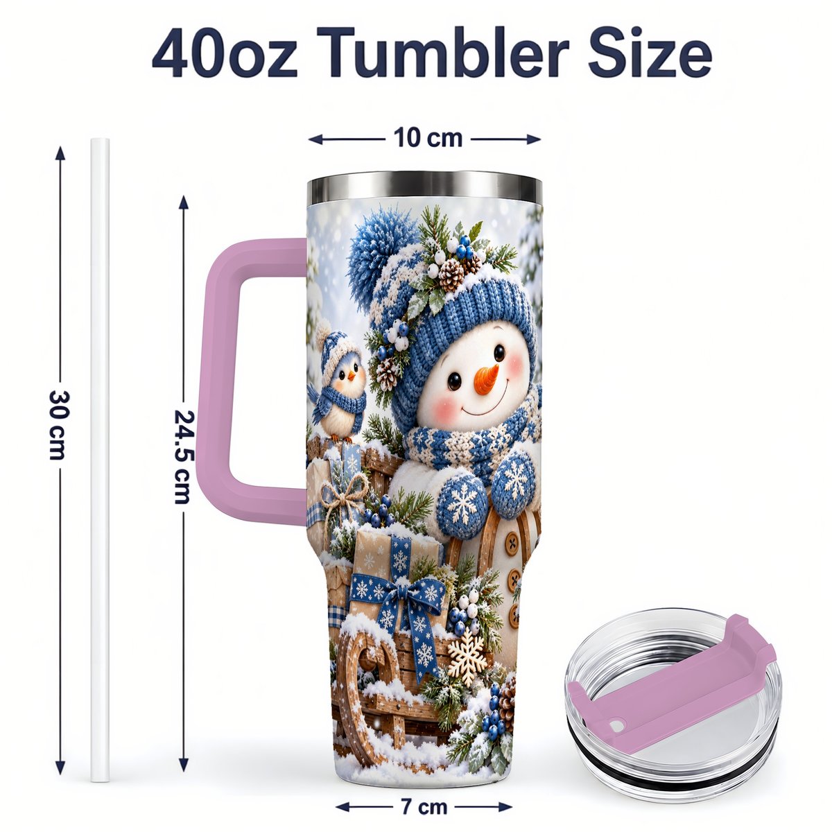 #pl[40oz|Pink] Christmas Snowman on Sled Tumbler 40oz, Knitted-Look Art