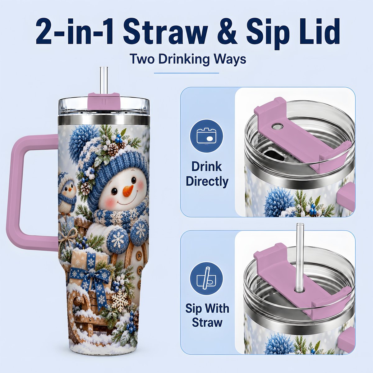 #pl[40oz|Pink] Christmas Snowman on Sled Tumbler 40oz, Knitted-Look Art