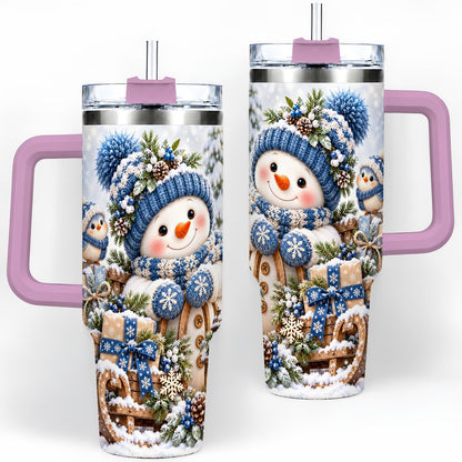 #pl[40oz|Pink] Christmas Snowman on Sled Tumbler 40oz, Knitted-Look Art