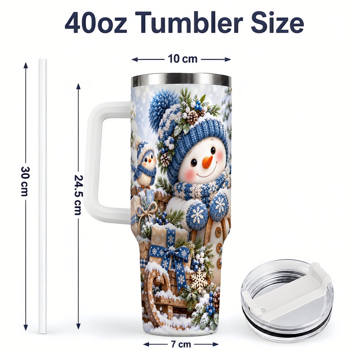 #pl[40oz|White] Christmas Snowman on Sled Tumbler 40oz, Knitted-Look Art