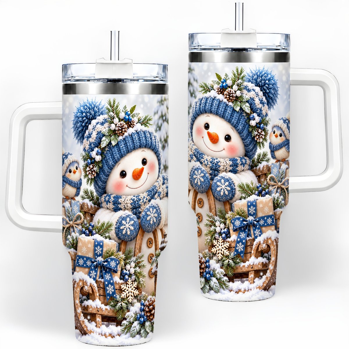 Christmas Snowman on Sled Tumbler 40oz, Knitted-Look Art