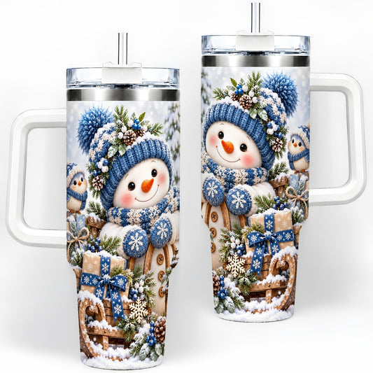 Christmas Snowman on Sled Tumbler 40oz, Knitted-Look Art