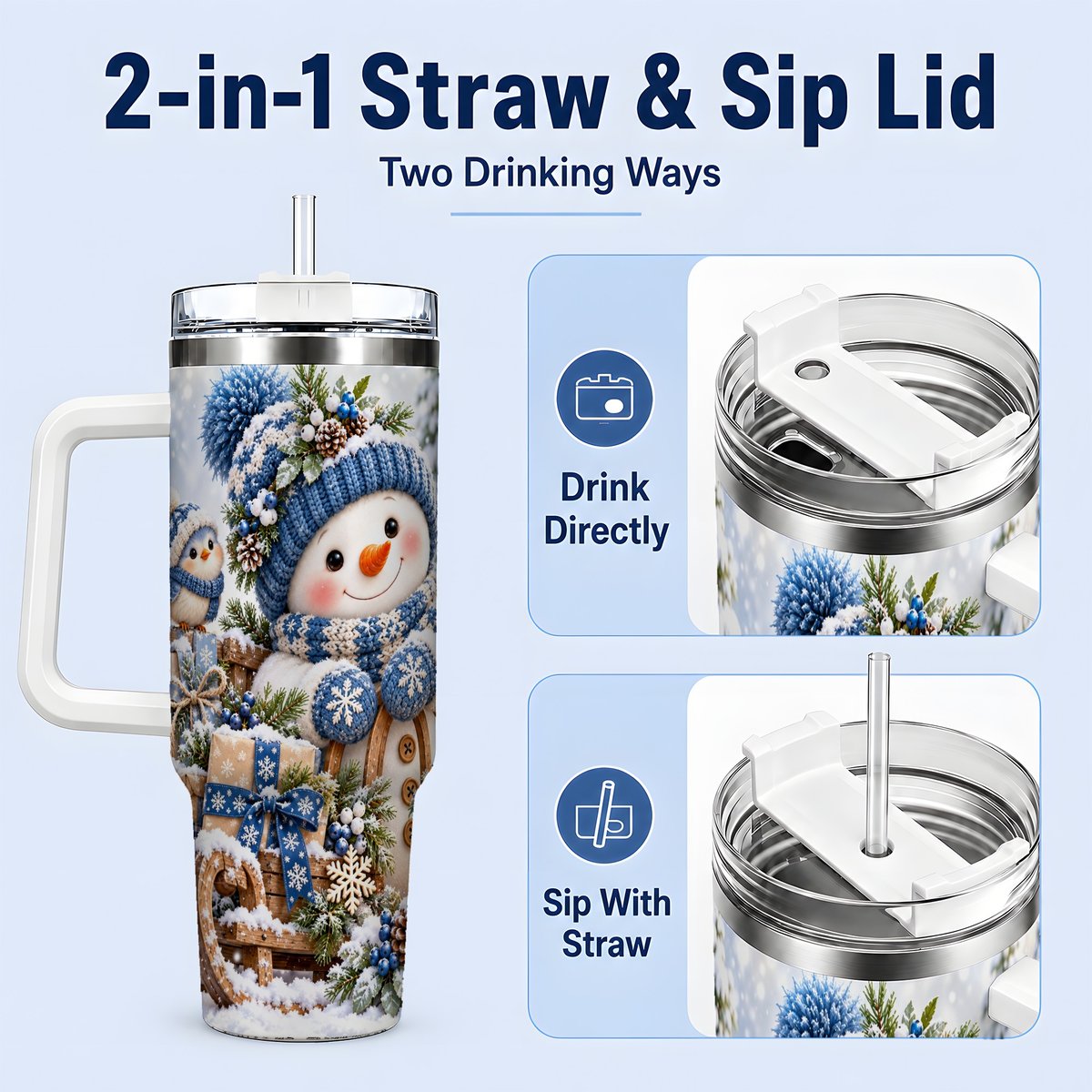 #pl[40oz|White] Christmas Snowman on Sled Tumbler 40oz, Knitted-Look Art