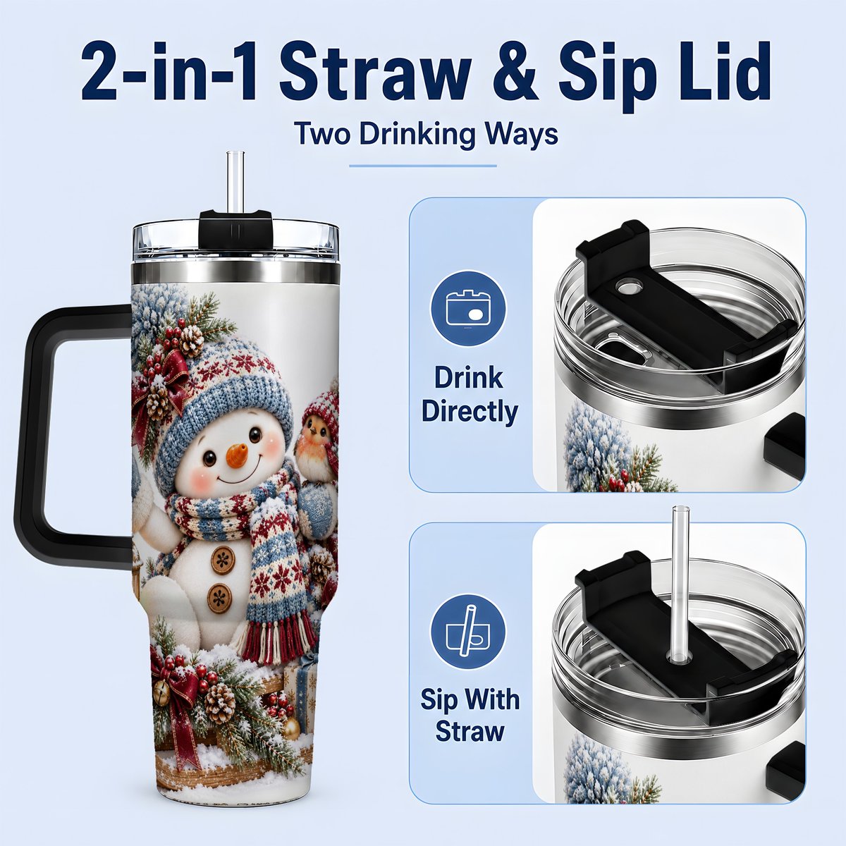 #pl[40oz|Black] Christmas Snowman and Bird Tumbler 40oz, Knit-Look Art