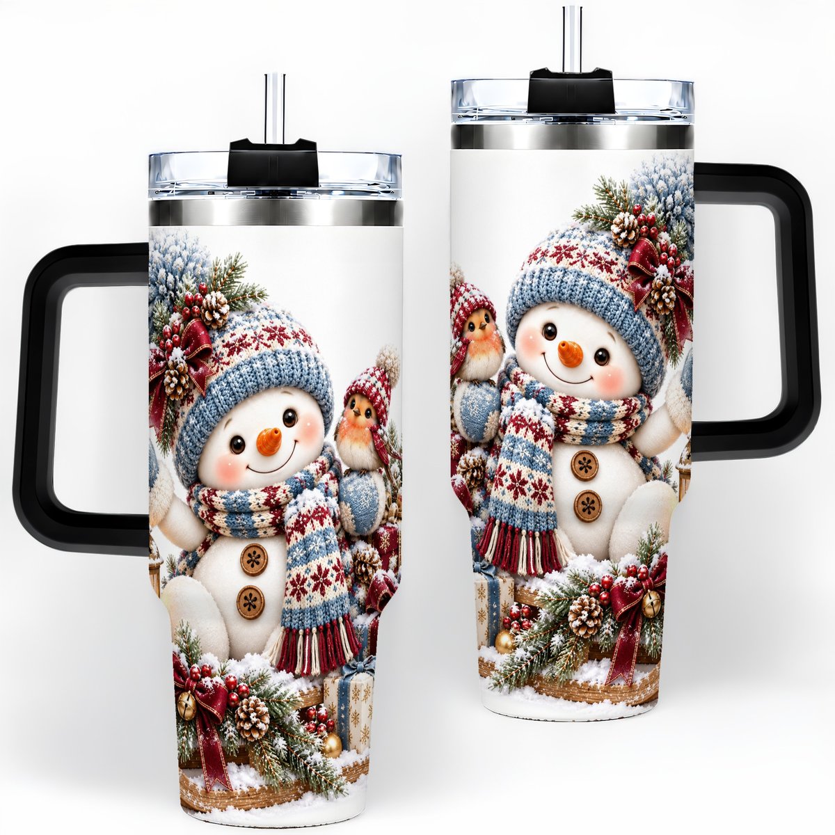 #pl[40oz|Black] Christmas Snowman and Bird Tumbler 40oz, Knit-Look Art