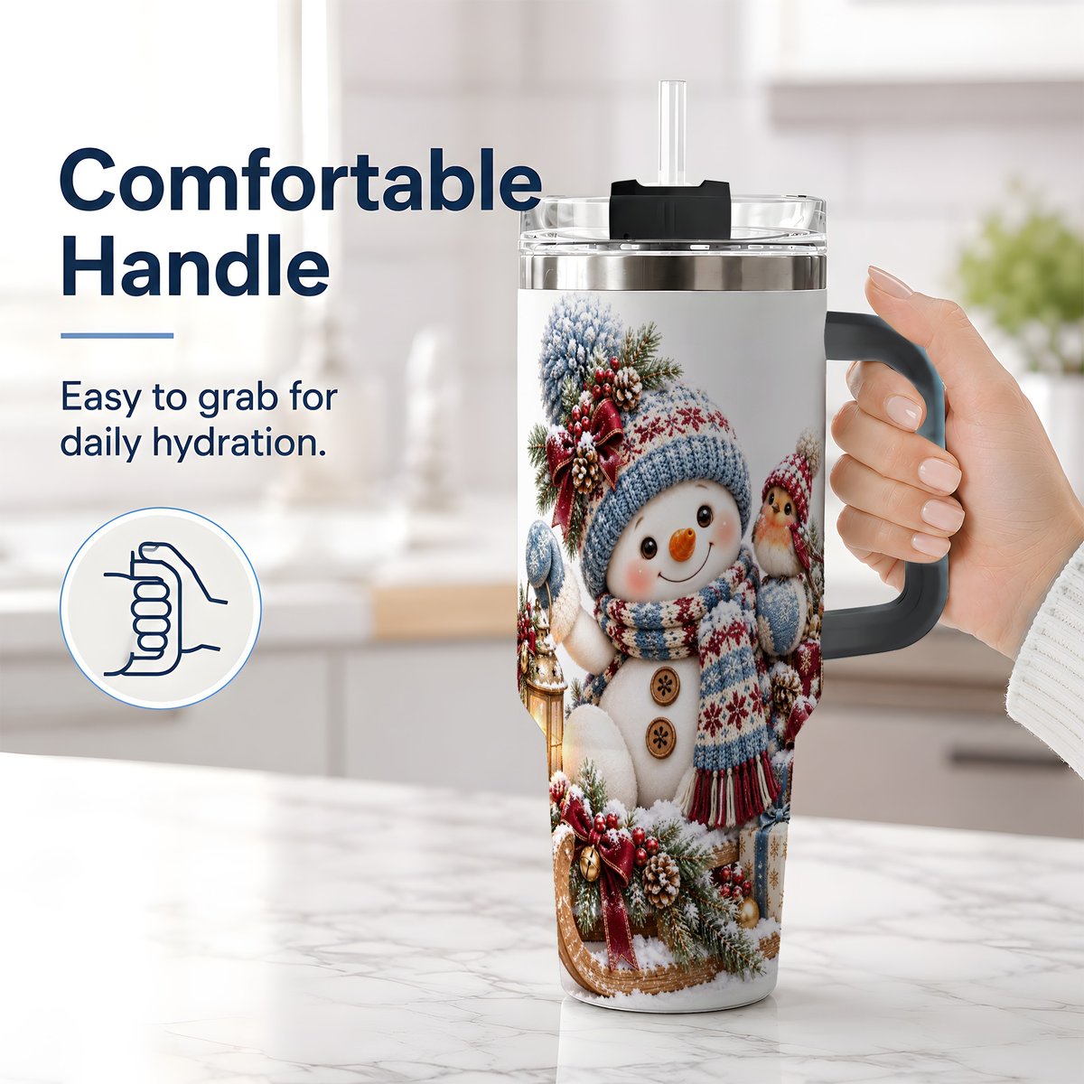 #pl[40oz|Black] Christmas Snowman and Bird Tumbler 40oz, Knit-Look Art