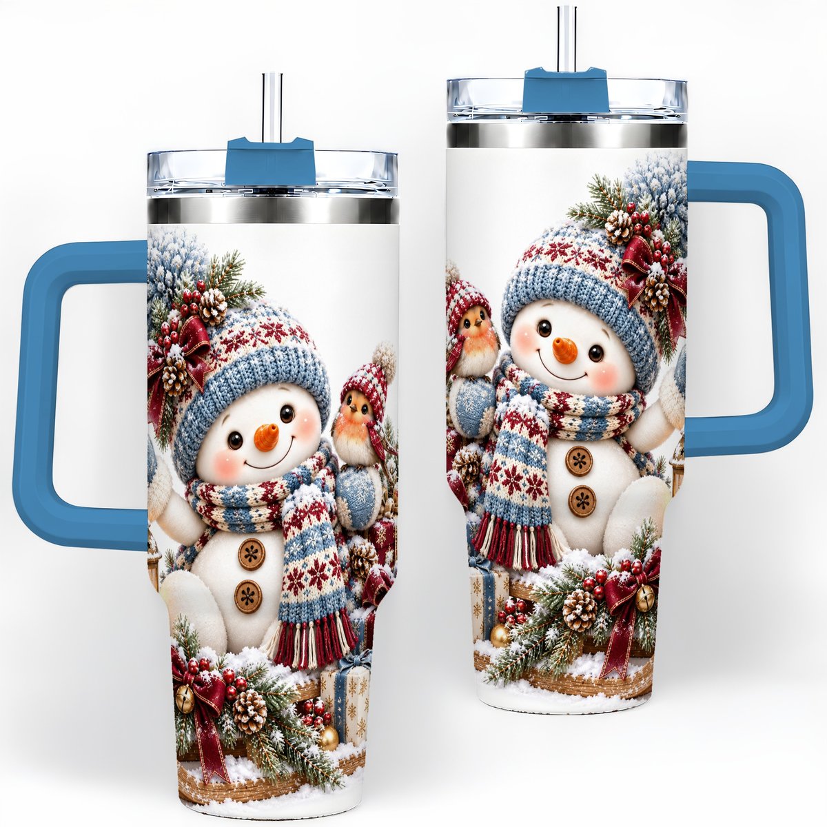 #pl[40oz|Blue] Christmas Snowman and Bird Tumbler 40oz, Knit-Look Art