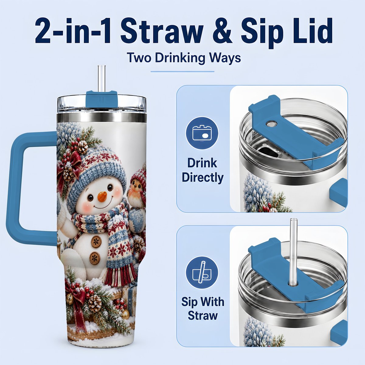 #pl[40oz|Blue] Christmas Snowman and Bird Tumbler 40oz, Knit-Look Art