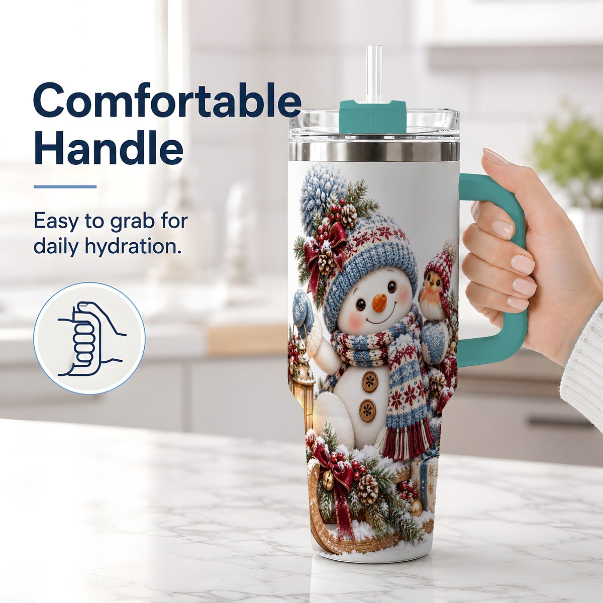 #pl[40oz|Green] Christmas Snowman and Bird Tumbler 40oz, Knit-Look Art