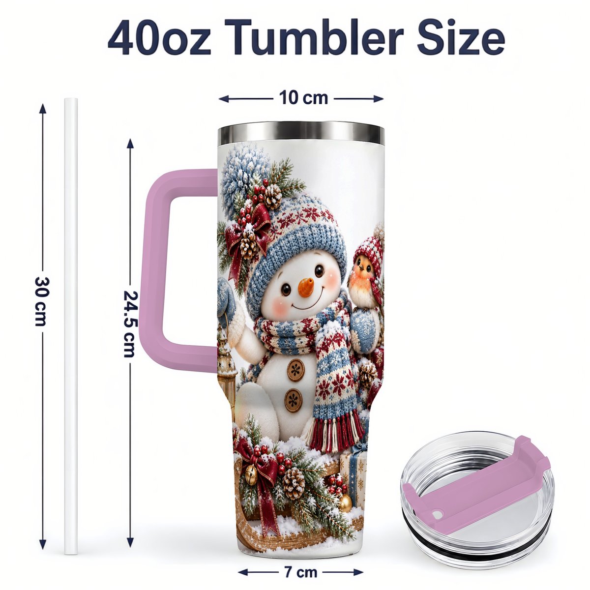 #pl[40oz|Pink] Christmas Snowman and Bird Tumbler 40oz, Knit-Look Art