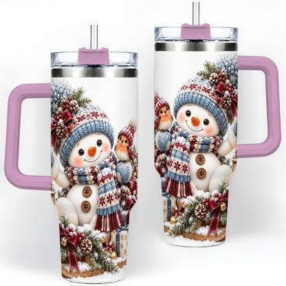 #pl[40oz|Pink] Christmas Snowman and Bird Tumbler 40oz, Knit-Look Art
