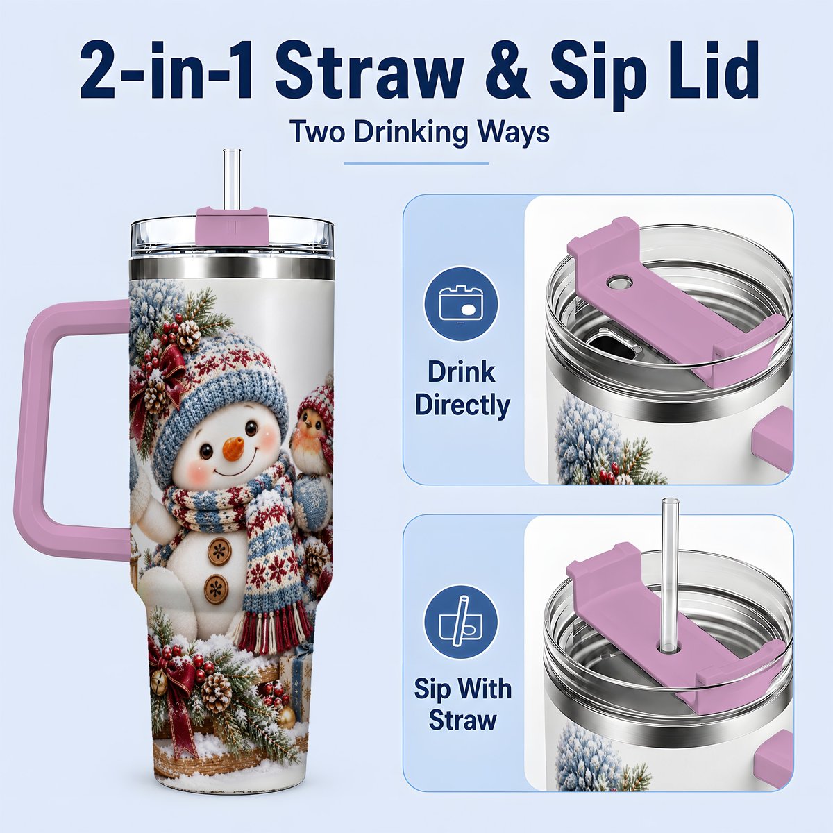 #pl[40oz|Pink] Christmas Snowman and Bird Tumbler 40oz, Knit-Look Art