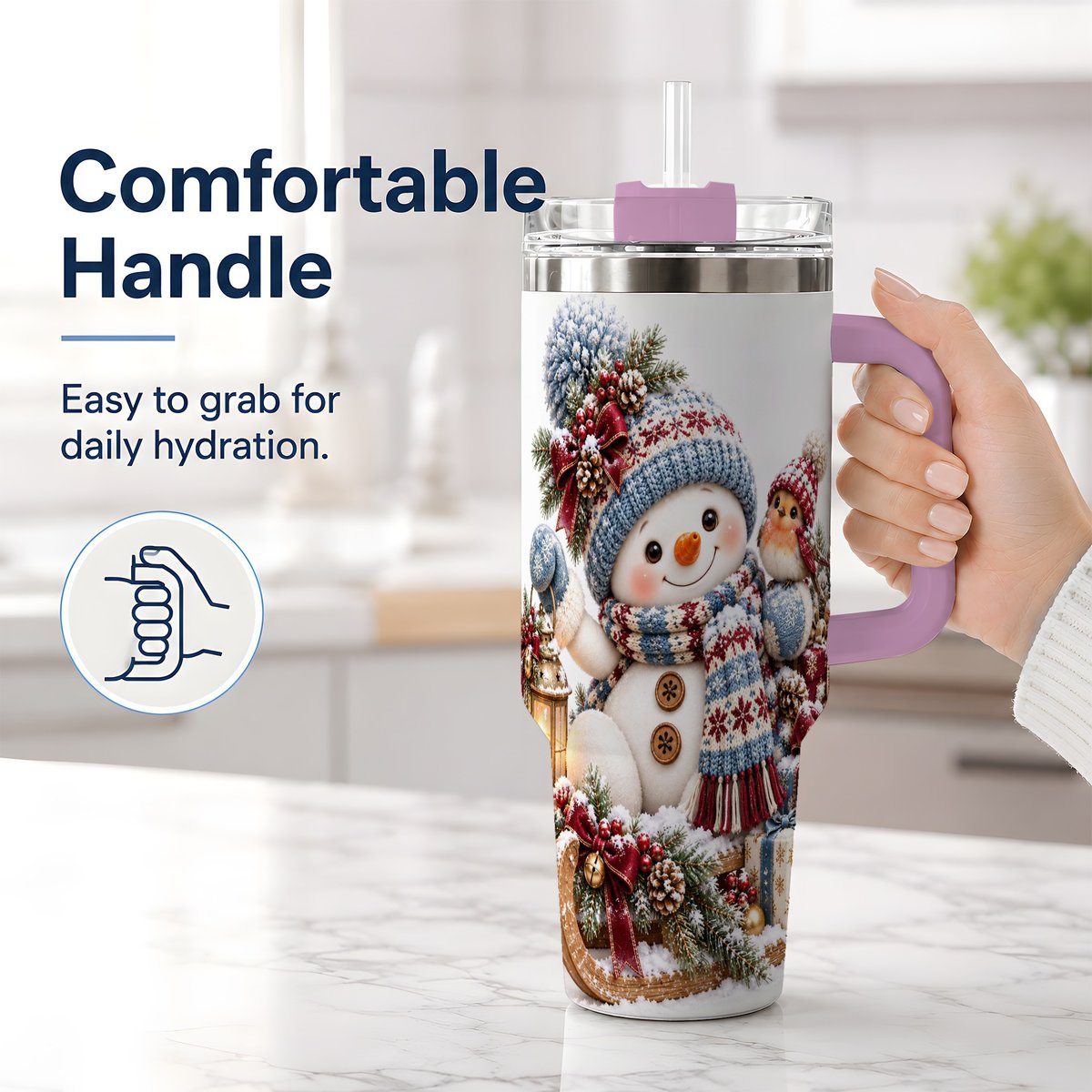 #pl[40oz|Pink] Christmas Snowman and Bird Tumbler 40oz, Knit-Look Art