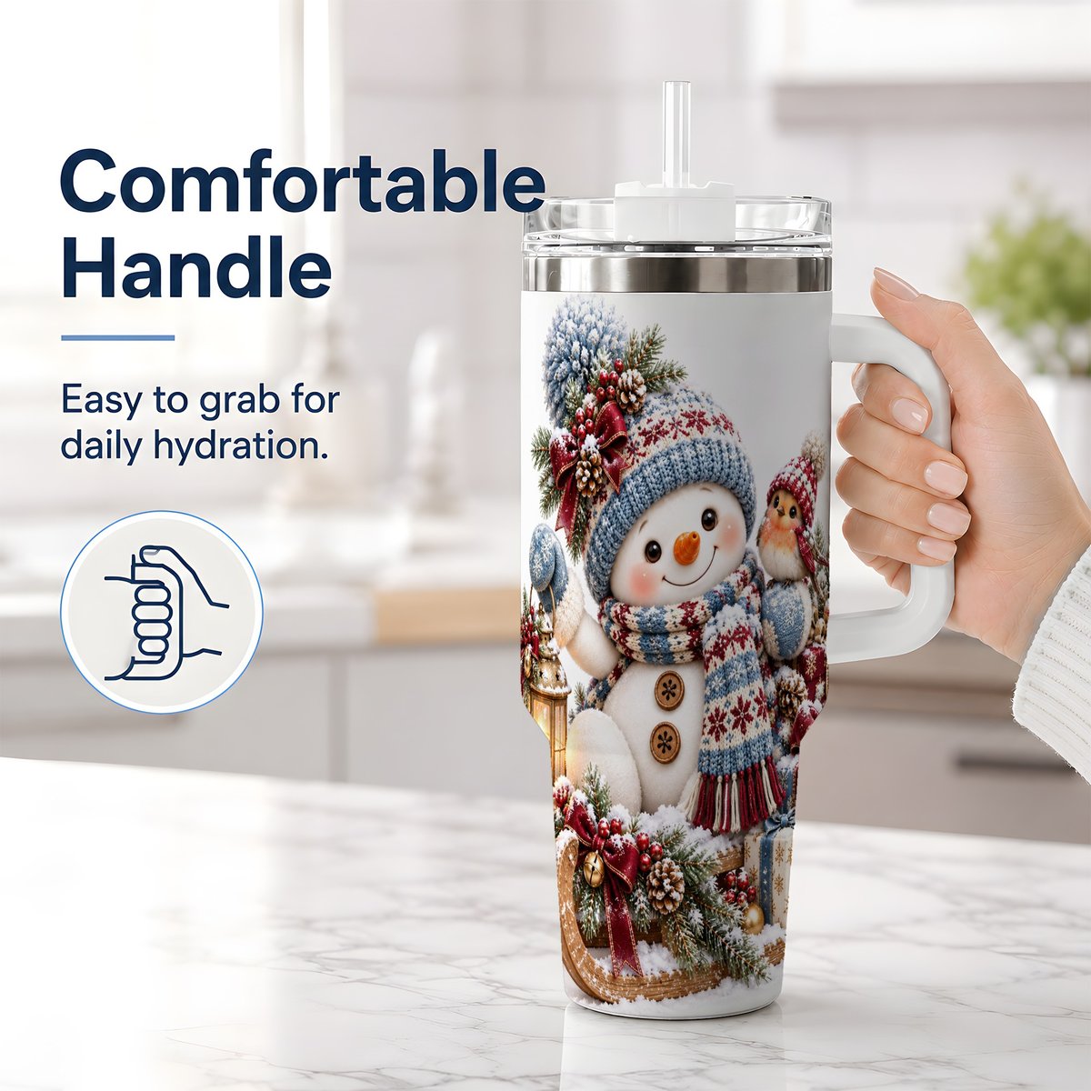 #pl[40oz|White] Christmas Snowman and Bird Tumbler 40oz, Knit-Look Art