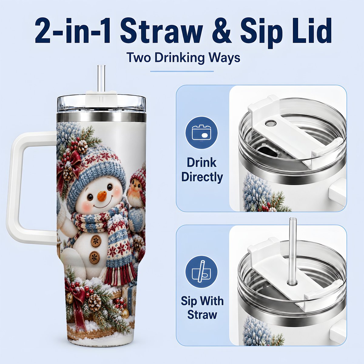 #pl[40oz|White] Christmas Snowman and Bird Tumbler 40oz, Knit-Look Art