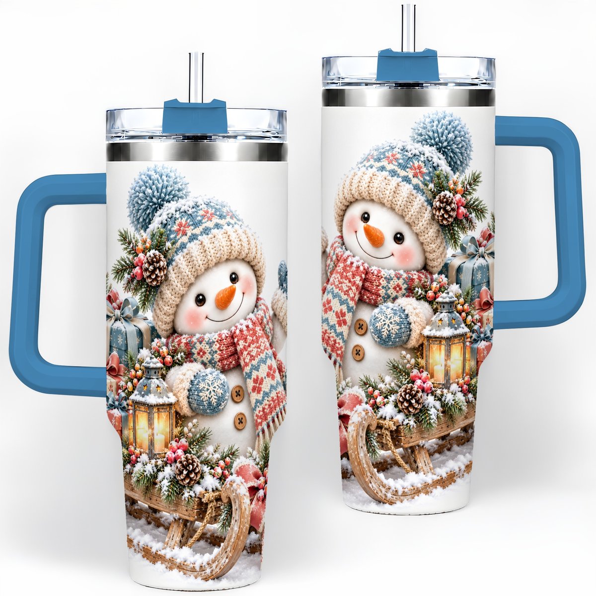 #pl[40oz|Blue] Waving Christmas Snowman Tumbler 40oz, Knitted-Look Art