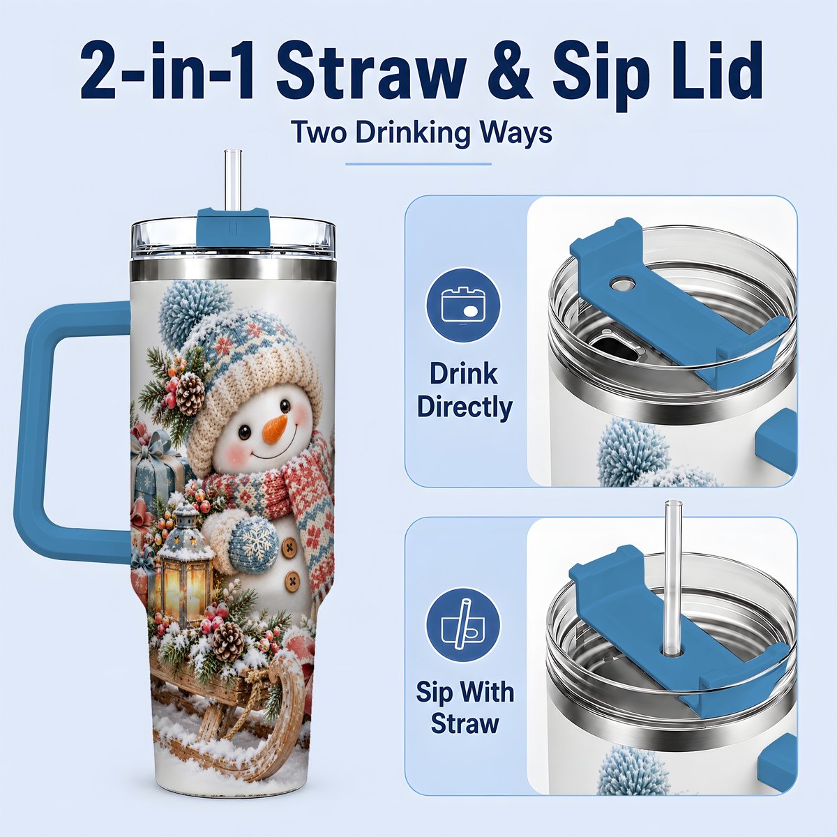 #pl[40oz|Blue] Waving Christmas Snowman Tumbler 40oz, Knitted-Look Art