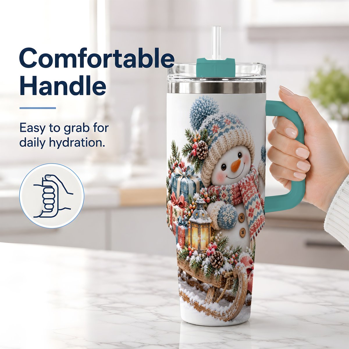 #pl[40oz|Green] Waving Christmas Snowman Tumbler 40oz, Knitted-Look Art