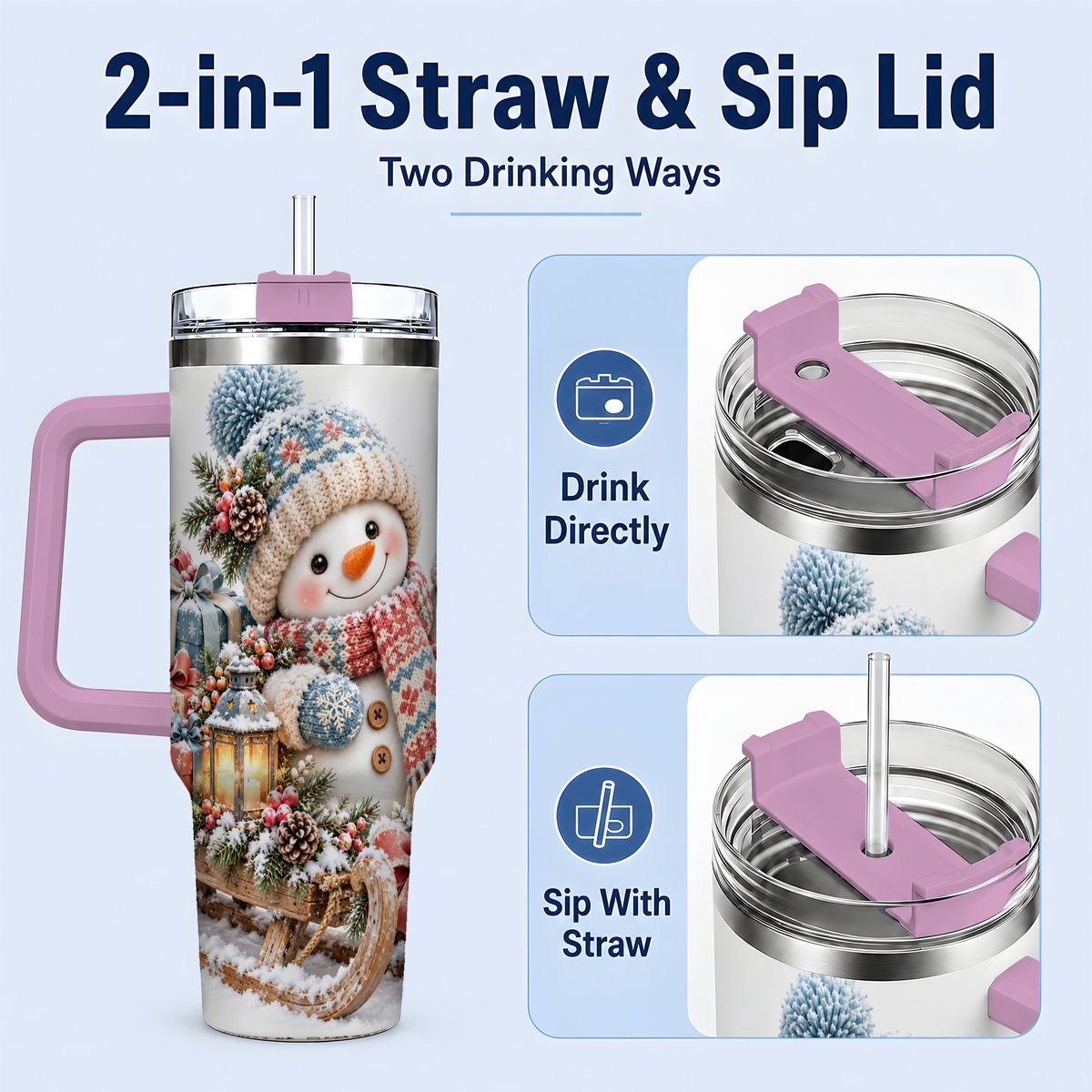#pl[40oz|Pink] Waving Christmas Snowman Tumbler 40oz, Knitted-Look Art