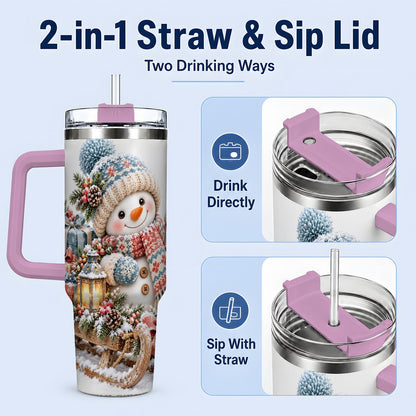 #pl[40oz|Pink] Waving Christmas Snowman Tumbler 40oz, Knitted-Look Art