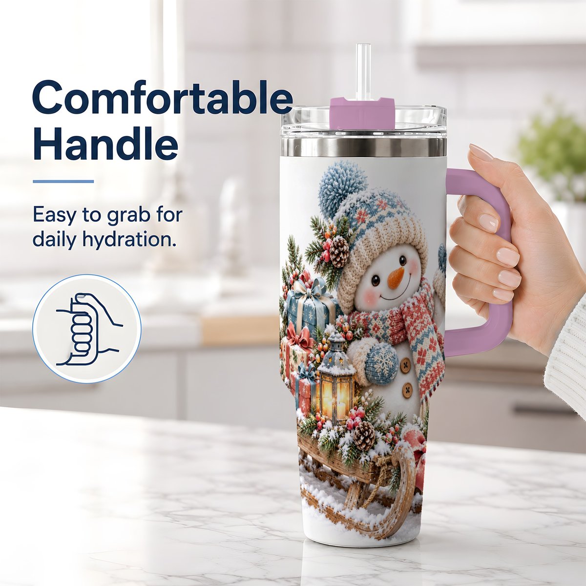 #pl[40oz|Pink] Waving Christmas Snowman Tumbler 40oz, Knitted-Look Art
