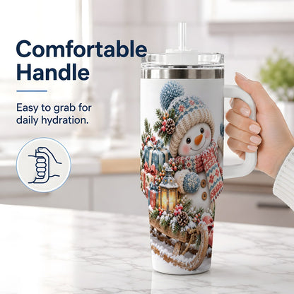 #pl[40oz|White] Waving Christmas Snowman Tumbler 40oz, Knitted-Look Art