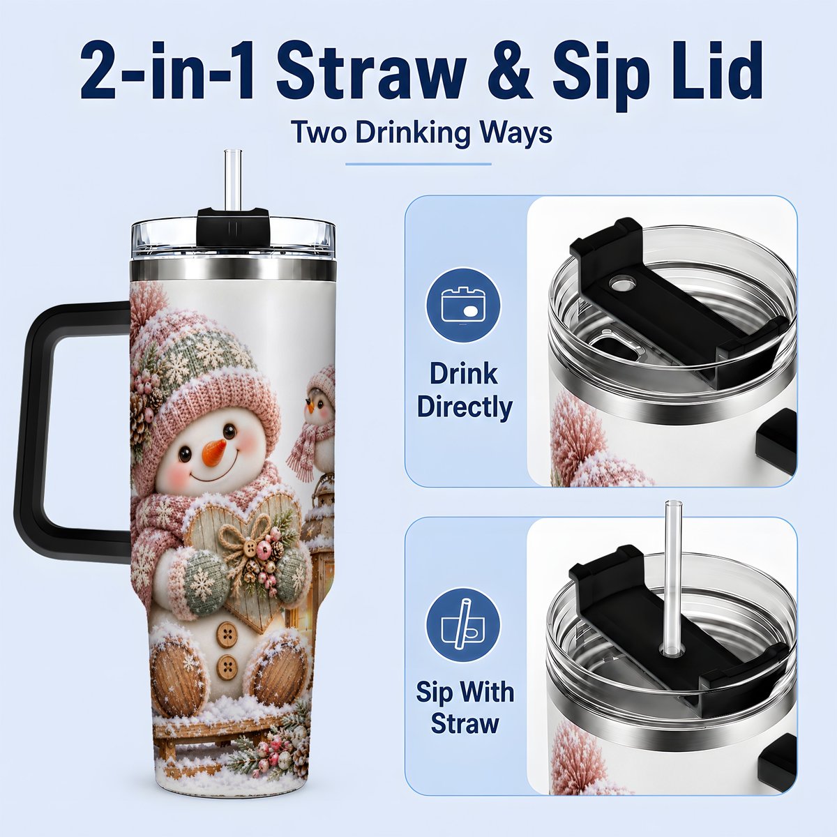 #pl[40oz|Black] Pink Christmas Snowman with Heart Tumbler 40oz, Knit-Look Art