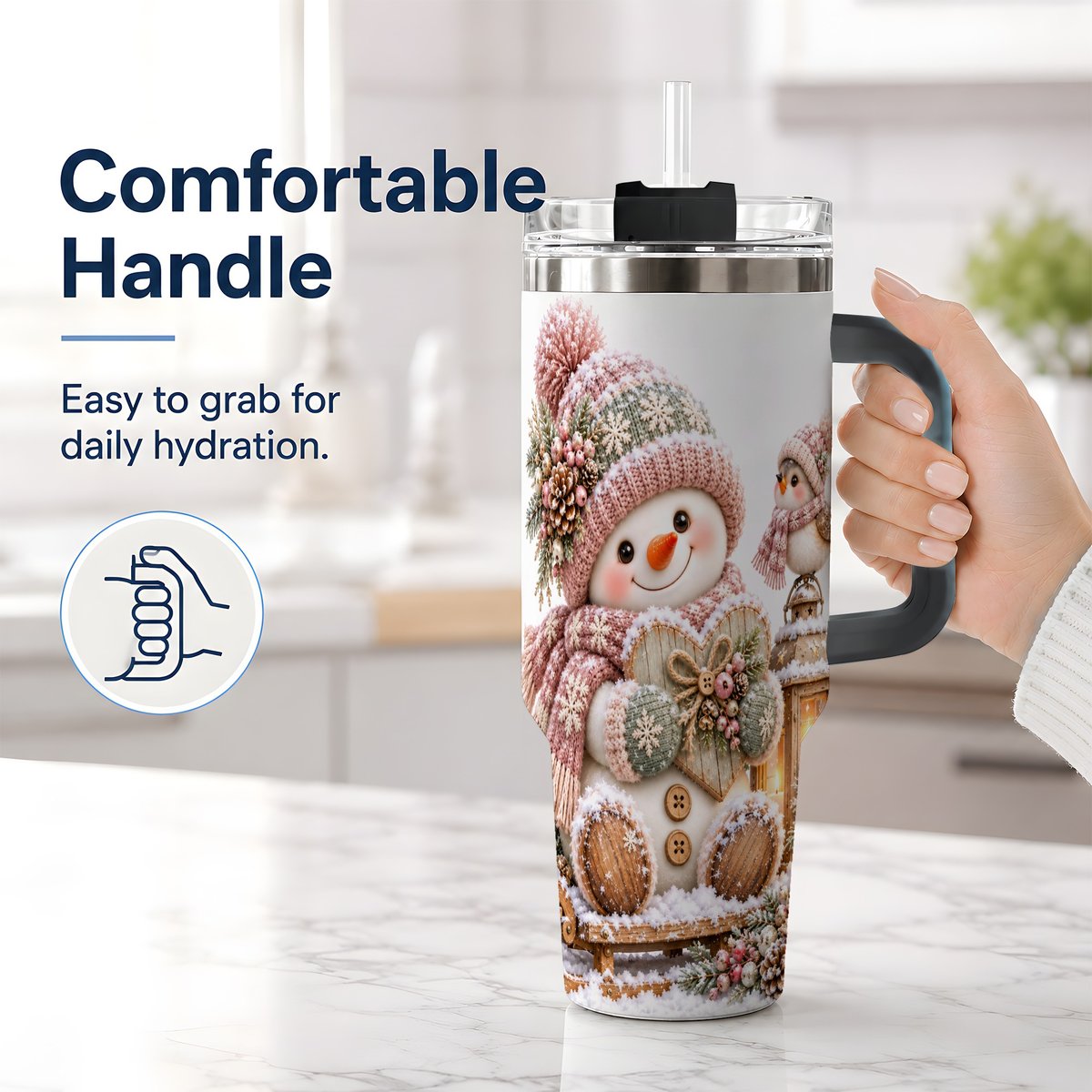 #pl[40oz|Black] Pink Christmas Snowman with Heart Tumbler 40oz, Knit-Look Art