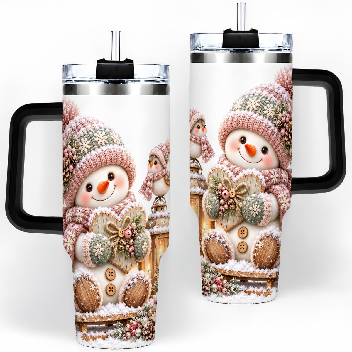 #pl[40oz|Black] Pink Christmas Snowman with Heart Tumbler 40oz, Knit-Look Art
