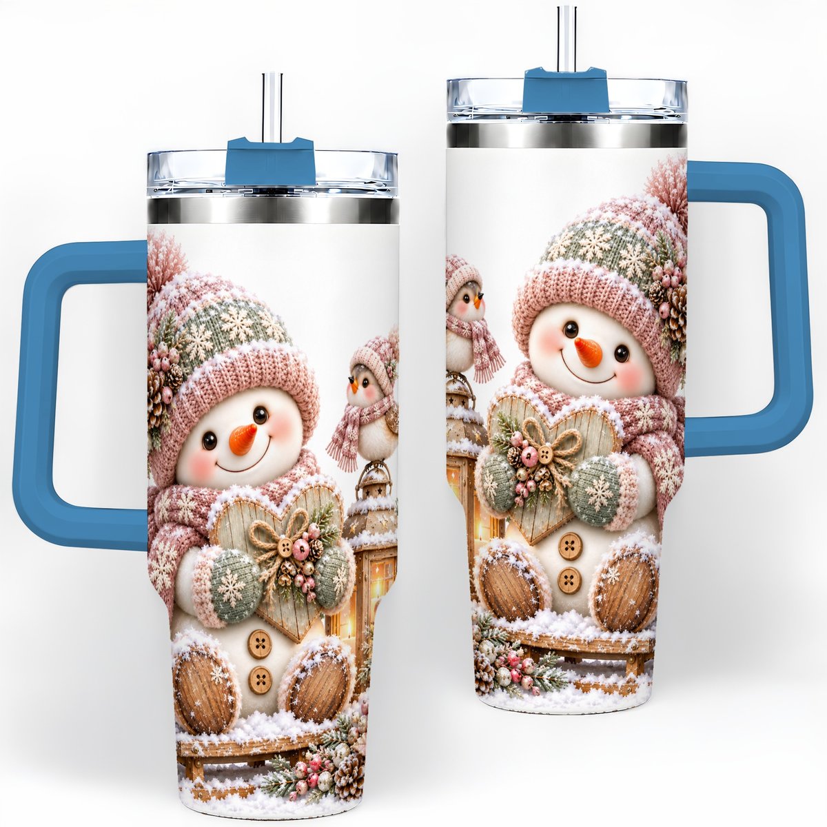 #pl[40oz|Blue] Pink Christmas Snowman with Heart Tumbler 40oz, Knit-Look Art