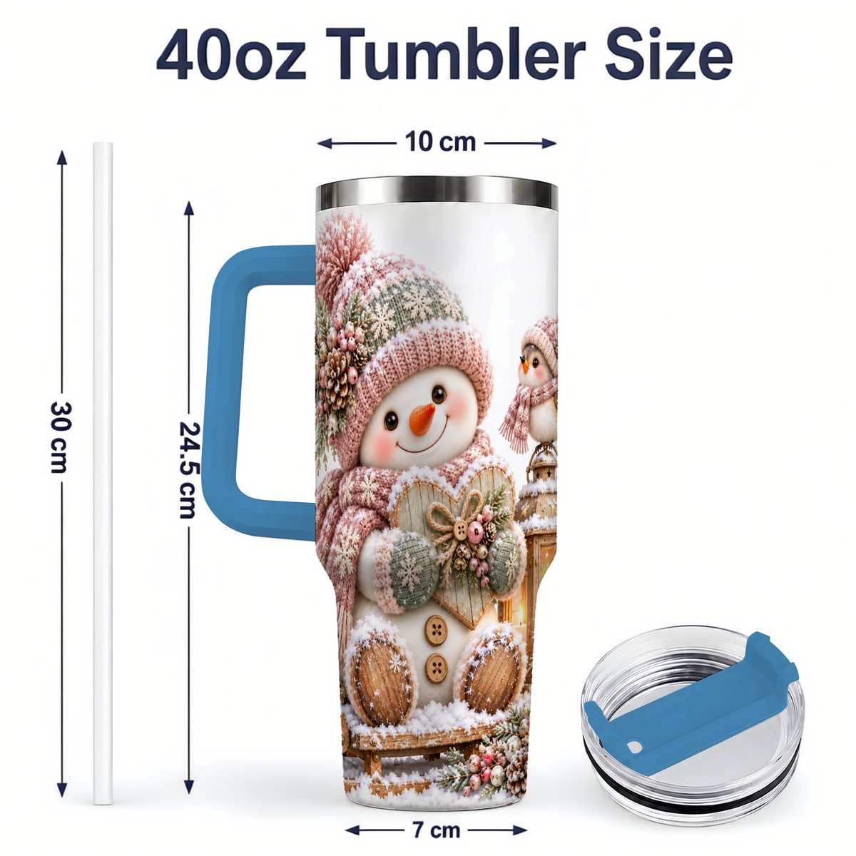 #pl[40oz|Blue] Pink Christmas Snowman with Heart Tumbler 40oz, Knit-Look Art