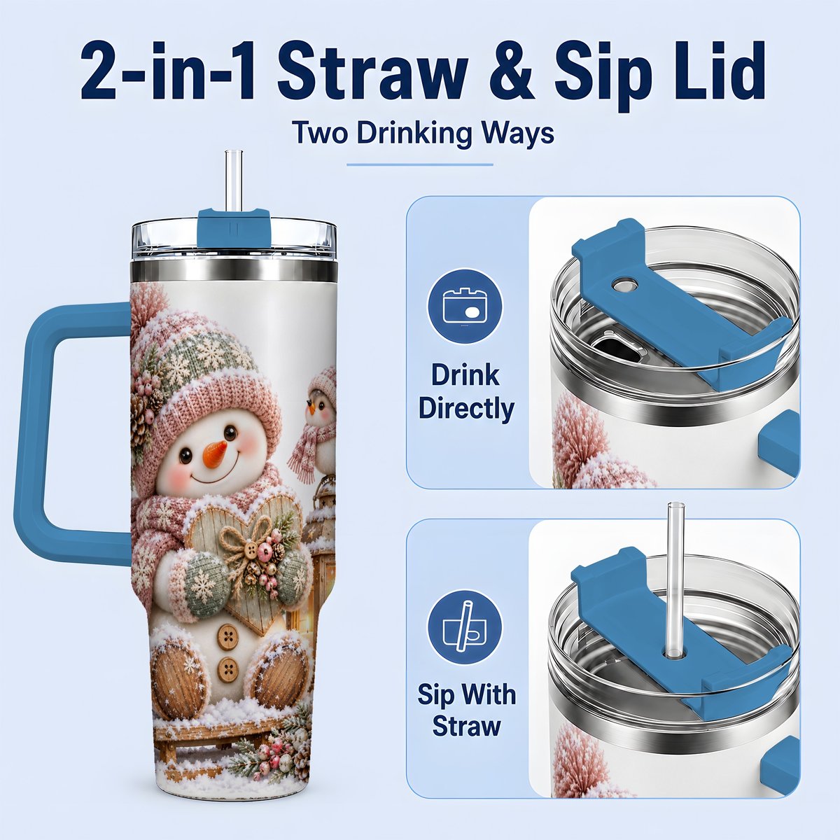 #pl[40oz|Blue] Pink Christmas Snowman with Heart Tumbler 40oz, Knit-Look Art