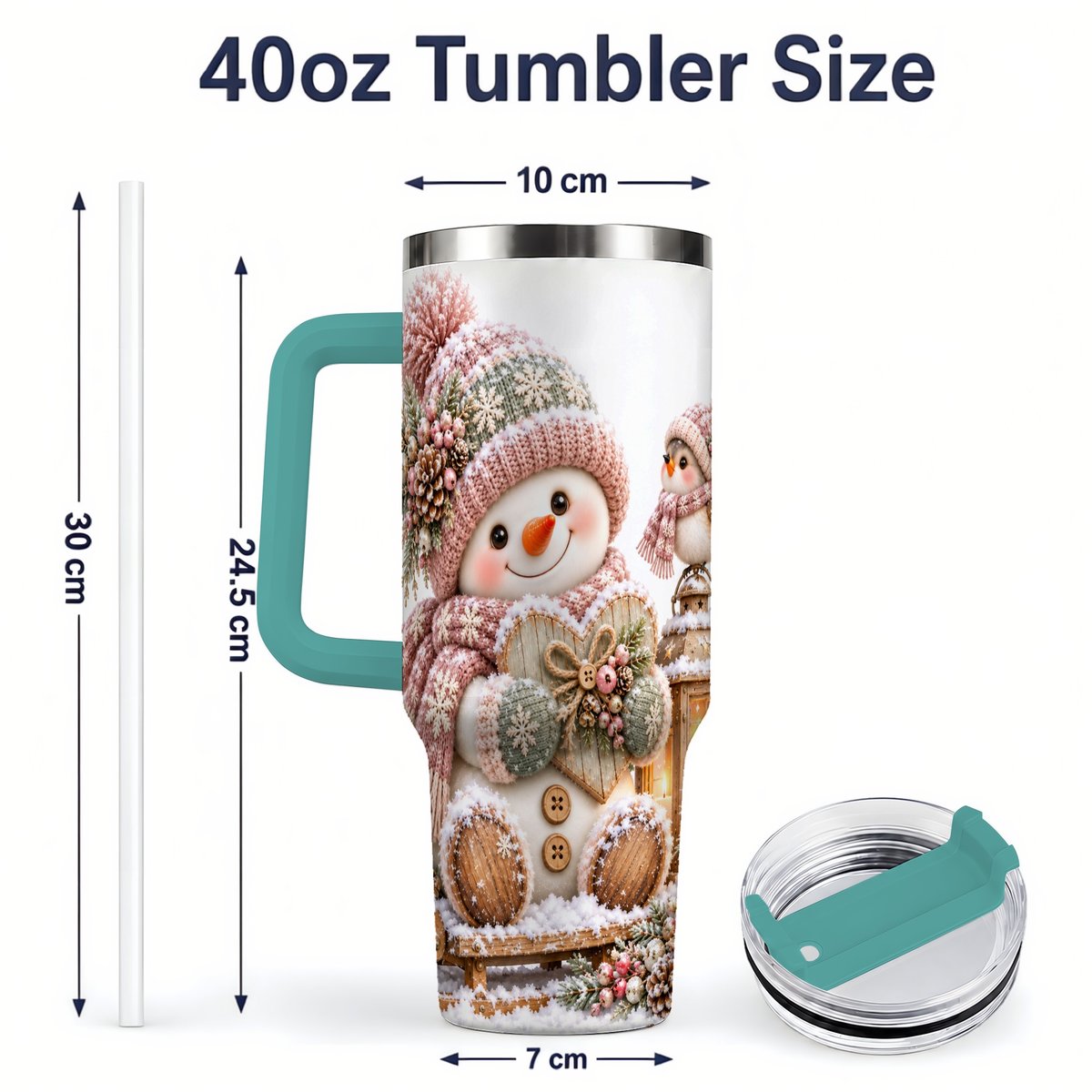 #pl[40oz|Green] Pink Christmas Snowman with Heart Tumbler 40oz, Knit-Look Art