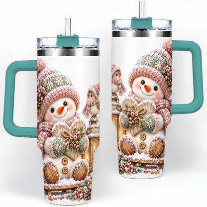#pl[40oz|Green] Pink Christmas Snowman with Heart Tumbler 40oz, Knit-Look Art